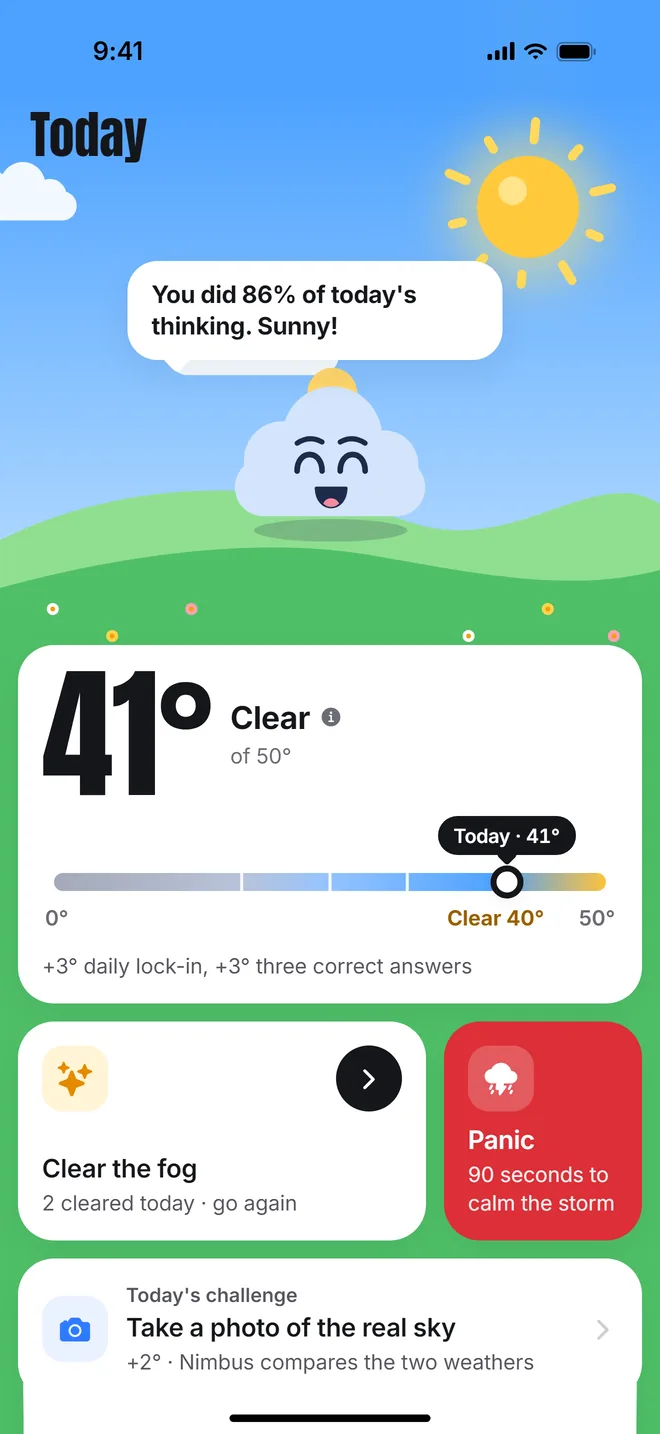Unfog's Sky tab: Nimbus in the sun over a green hill, saying you did 86% of today's thinking, and today's weather at 41 degrees, clear