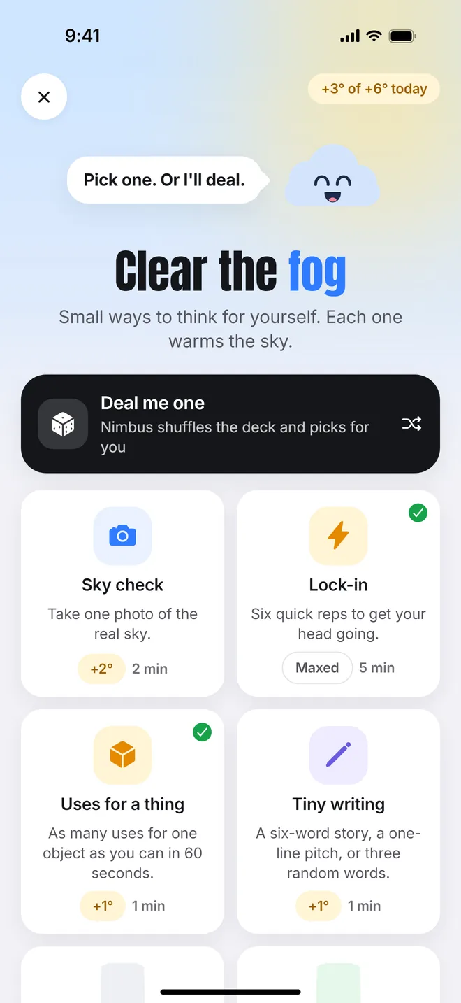Unfog's fog clearers: Deal me one, Sky check, Lock-in, Uses for a thing and Tiny writing, each worth a degree or two