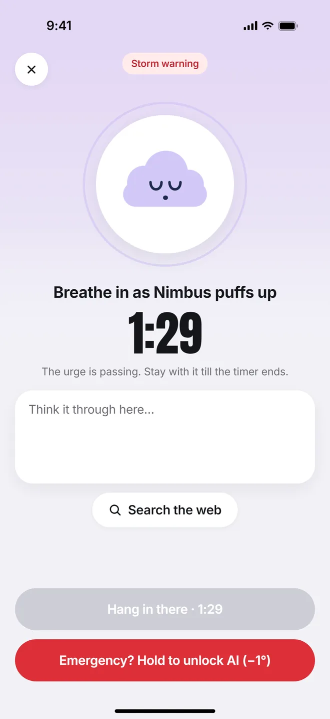Unfog's panic button: a storm warning, Nimbus breathing, a 90-second countdown and room to think it through