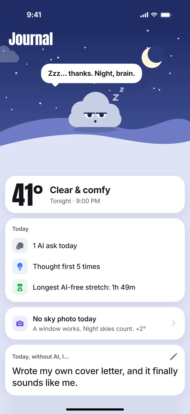 Unfog's journal at night: Nimbus asleep and the line, Today, without AI, I wrote my own cover letter